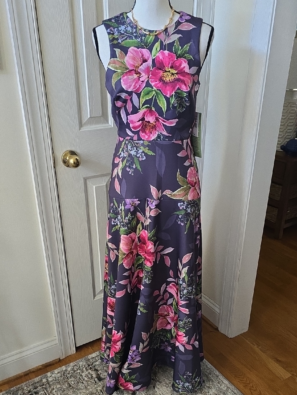 MELONIE BRAND WOMEN'S BLUISH GRAY AND PINK FLORAL LONG SLEEVELESS DRESS SIZE 10